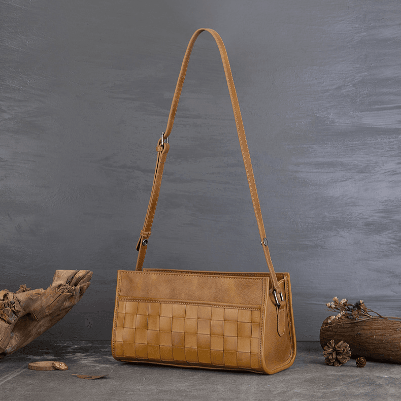 原创设计真皮手工编织包女横版法棍包休闲百搭腋下单肩包一件代发